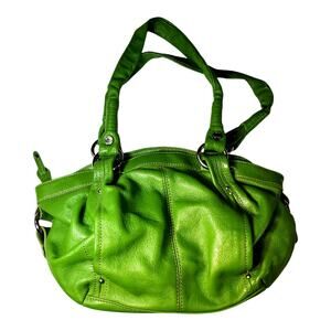 Tignanello Pebbled Leather Dual Handle Hobo Bag Slouch Purse Vibrant Green Lined